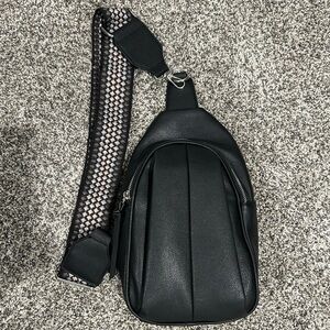 Black Crossbody Bag with Patterned Strap
